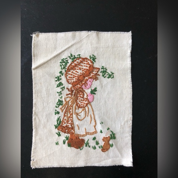 Vintage Embroidered Piece “Girl with Cat” Unframed 8.5”x6,5” Finished Handmade - Picture 11 of 11